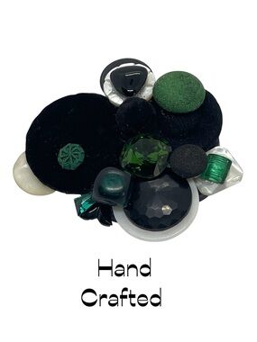 Hand Crafted Antique Black Green Glass Resin Fabric Buttons Brooch NWT